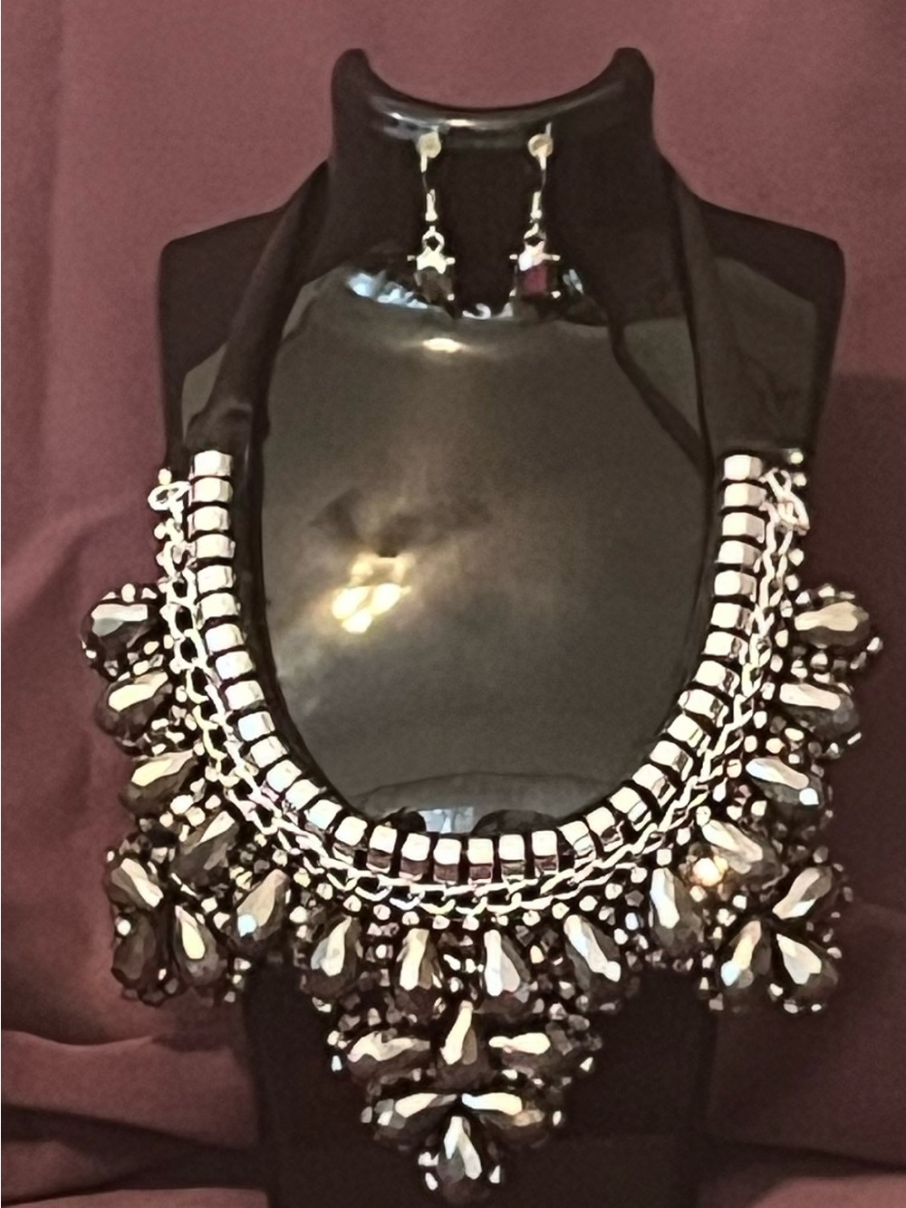 Statement Black Crystal Bib Necklace and Earrings - Women Jewelry